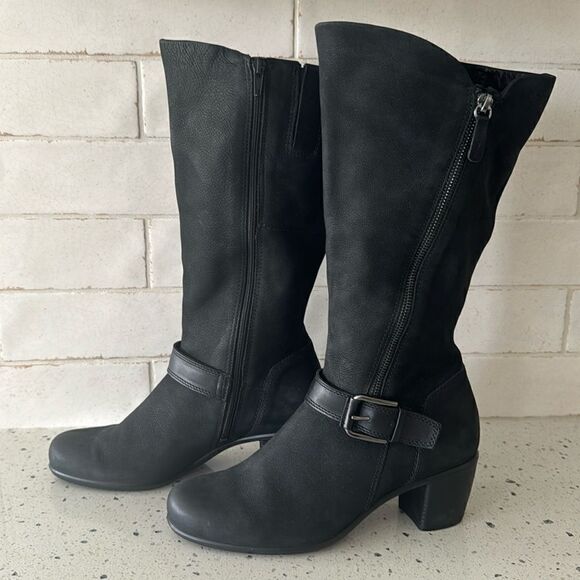 Ecco Women’s Black Leather Tall/Mid Calf Zip Close Regular/Wide Calf Boots Sz 39 - Picture 1 of 16